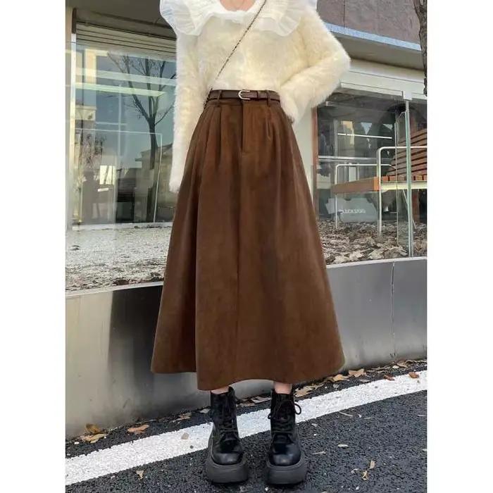 Jupe Vintage Printemps-Été en Velours Côtelé pour Femme