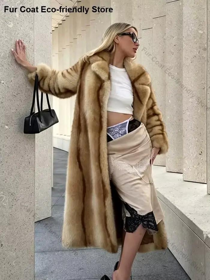 Manteau long en fausse fourrure pour femme, col à revers cranté, ceinturé, épais, nouvelle collection