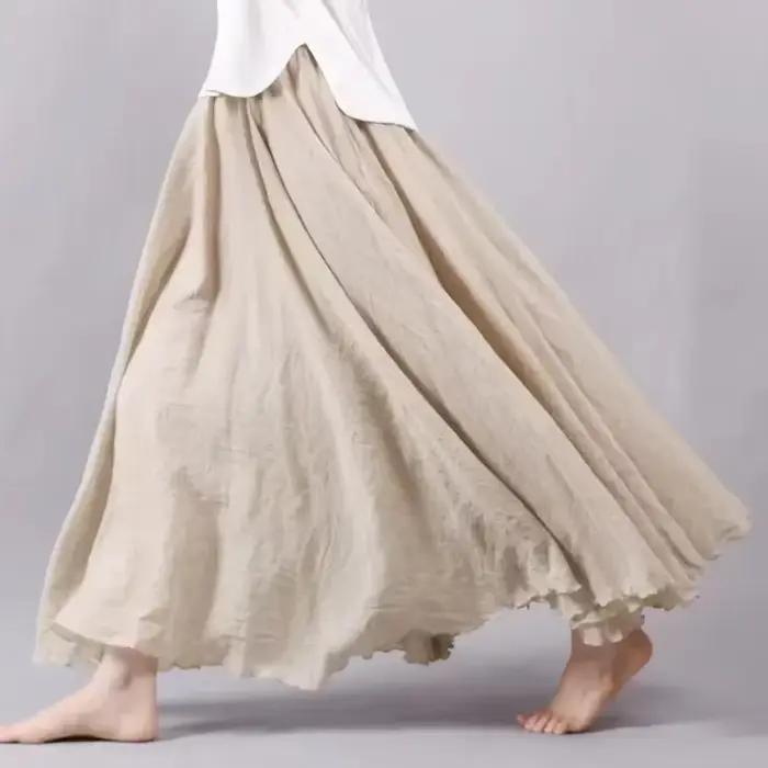 Haute qualité coton lin Maxi jupe femmes décontracté élastique taille