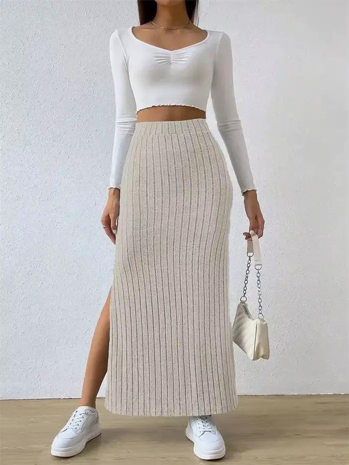 Femmes côtelé côté fendu Maxi jupe automne printemps décontracté élégant taille haute