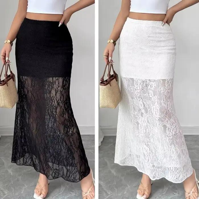Jupe mi-longue en dentelle transparente à taille haute