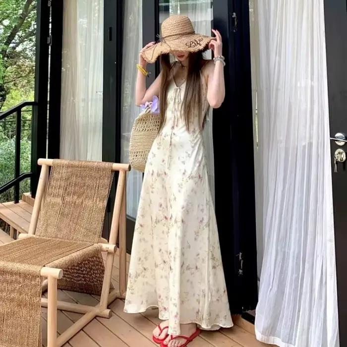 Robe longue d'été pour femme, col en V, nœud, imprimé floral, style coréen, robe élégante et douce