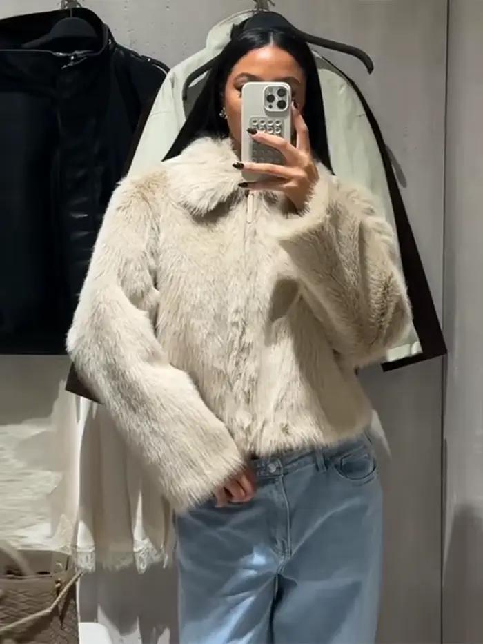 Chic Double face fourrure veste femme revers couleur unie fermeture éclair manches longues manteau droit décontracté polyvalent femmes nouvelles vestes chaudes