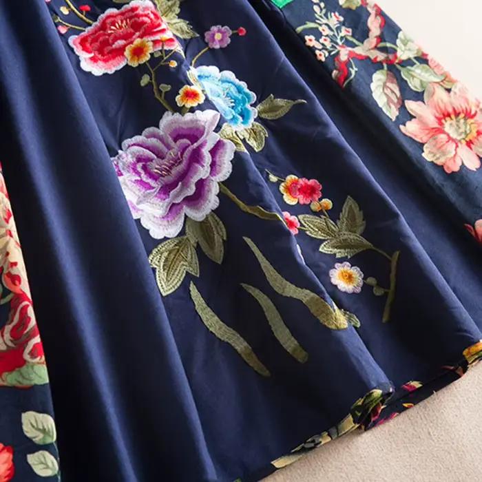 Jupe longue brodée florale pour femmes, en coton et lin, ethnique, ligne a, Midi, cercle complet, jupes de danse, vêtements d'automne