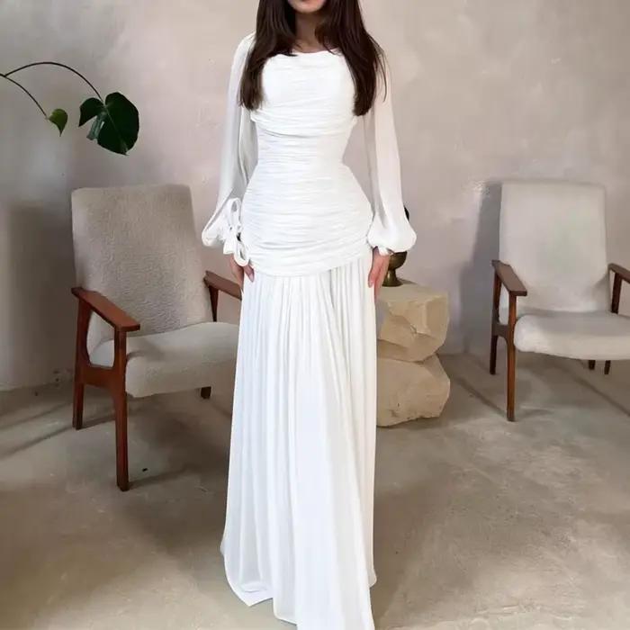 Robe longue unie drapée pour femme, collection 2026, décontractée, pour le quotidien, avec taille ajustée, élégante, col rond, manches longues, pour soirée