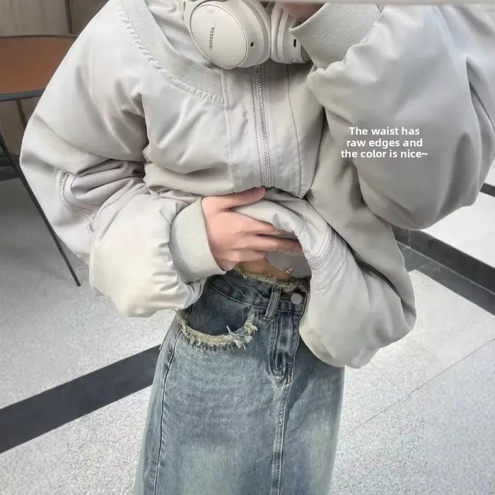 Jupe mi-longue en jean taille haute coupe trapèze pour femme