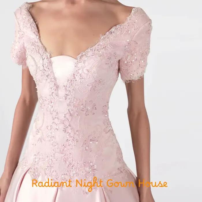 Robe de soirée simple en satin à col en V, avec appliques en dentelle et paillettes, robes de célébrités personnalisées, manches courtes, robe pour occasions spéciales