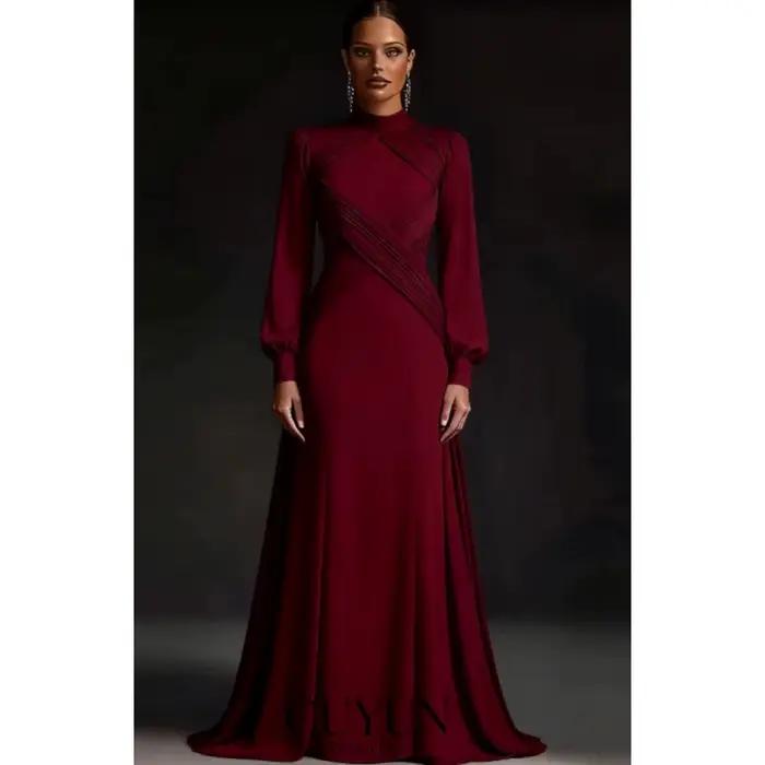 Robe de soirée longue à manches longues et col montant en lavande pour femmes, robe de soirée élégante à plis en jersey, longueur au sol, personnalisable