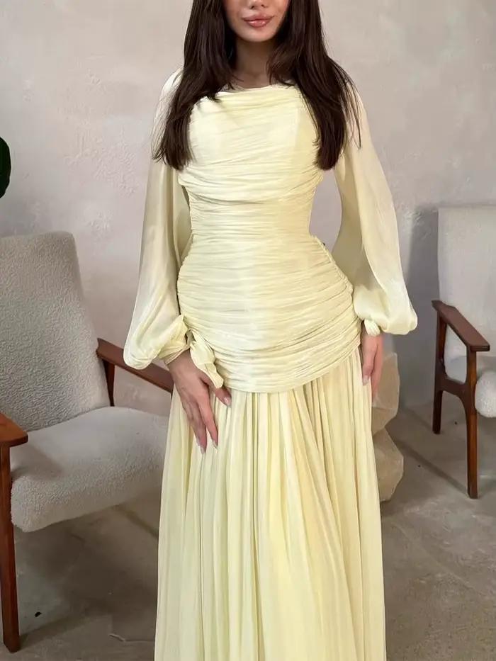 Robe longue unie drapée pour femme, collection 2026, décontractée, pour le quotidien, avec taille ajustée, élégante, col rond, manches longues, pour soirée