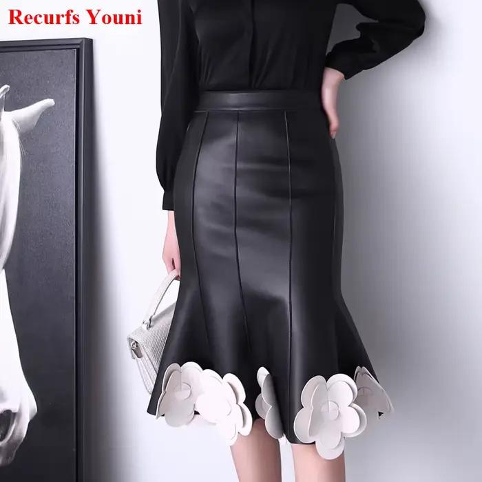 Femmes en cuir véritable Jupe Femme élégant taille haute 3D fleurs noir blanc couleur contraste queue de poisson