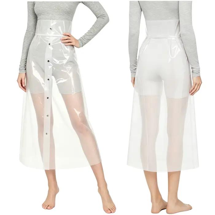 Jupe crayon transparente en PVC pour femme, taille haute, boutonnée, moulante, sexy, mi-longue, pour soirée rave et boîte de nuit