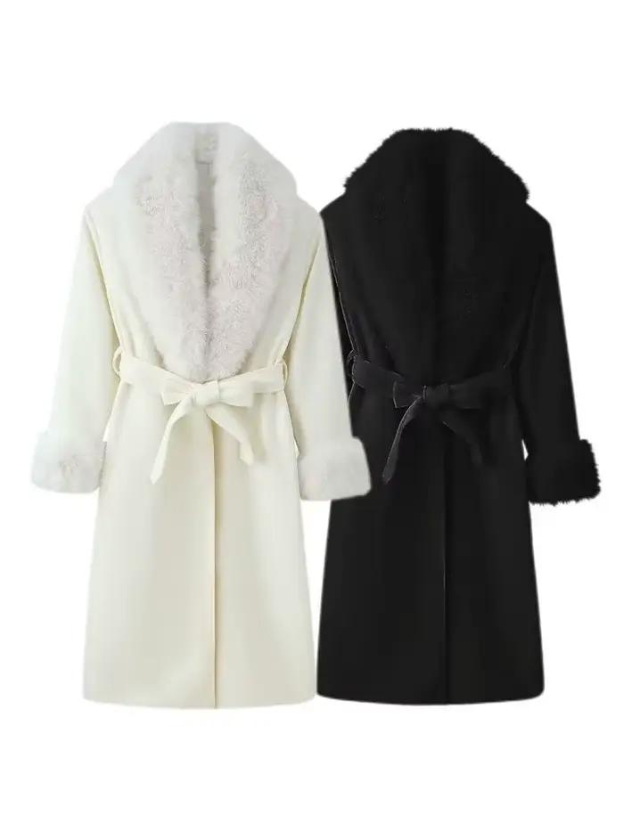 HH femme mode polyvalent fausse fourrure effet revers manches longues ceinture décoration Long manteau femme hiver décontracté déplacements pardessus