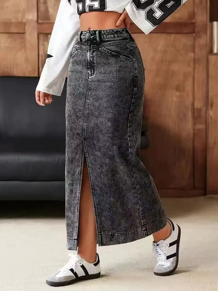 Jupe en jean gris taille haute fendue sur le devant pour femme
