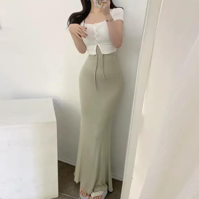 Jupe longue mi-longue élégante et confortable YL571 de couleur unie, taille haute, style coréen, kaki, pour le printemps