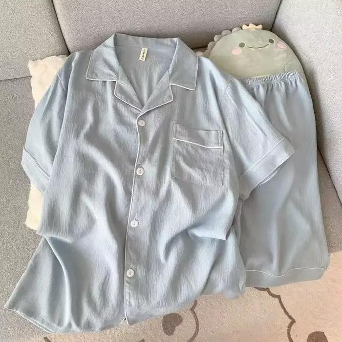 Ensemble de pyjama pour homme, coupe slim, nouveau, couleur unie, haut à manches courtes à col rabattu et short élastique, pyjama d'été, vêtements de détente, vêtements de nuit
