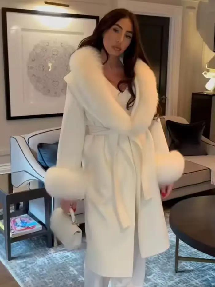 HH femme mode polyvalent fausse fourrure effet revers manches longues ceinture décoration Long manteau femme hiver décontracté déplacements pardessus