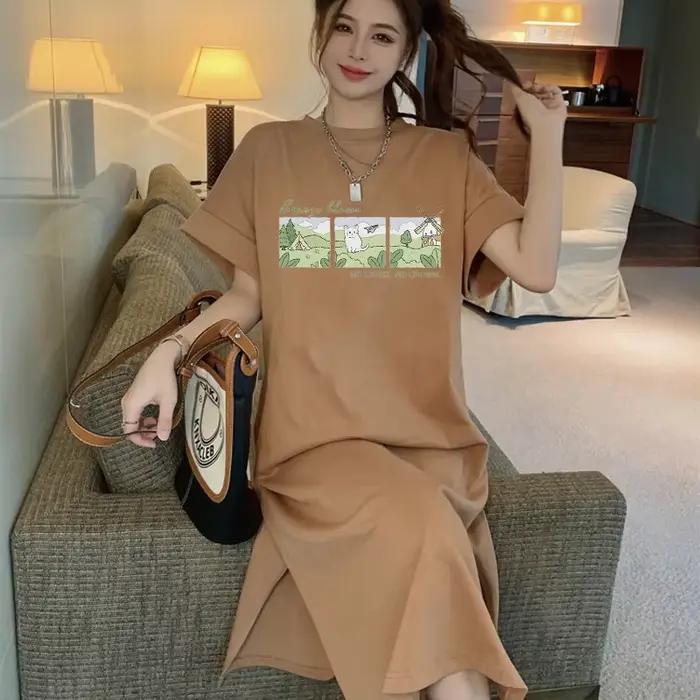 Robe longue décontractée aux imprimés de dessins animés mignons pour femmes, ample, en polyester, pour les saisons printemps et été, occasions spéciales et détente à la plage