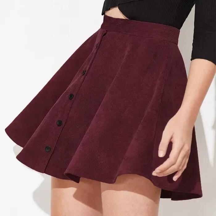 Mode velours côtelé Mini jupes pour femmes simple boutonnage jupe femme automne hiver Chic taille haute parapluie