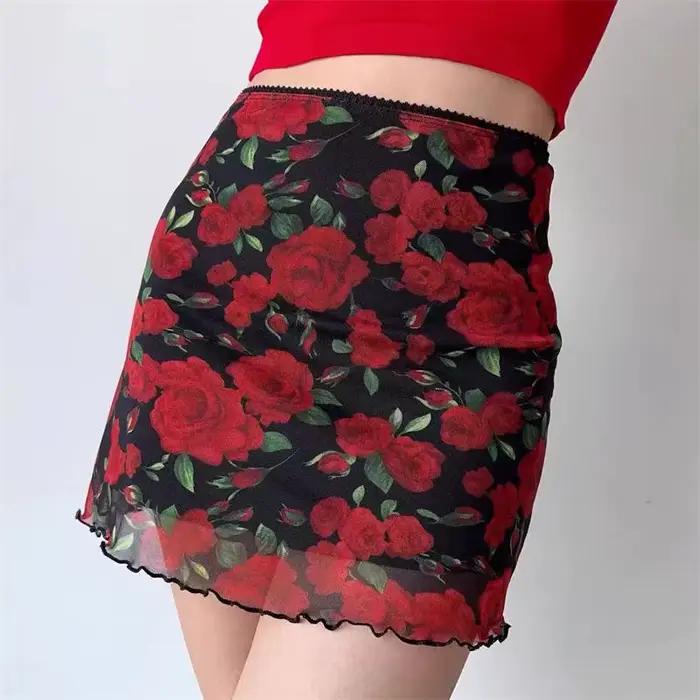 Mini jupe vintage à imprimé rose pour femme