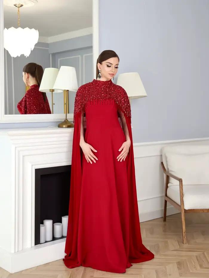 Robes de soirée formelles pour femmes, robe longue rouge à manches longues, robe de soirée de luxe, cape à sequins, robe maxi en mousseline de soie, robes de soirée élégantes