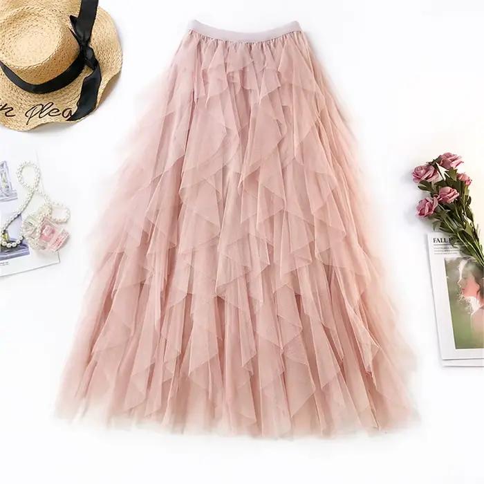 Mode Tutu Tulle jupe femmes longue Maxi jupe 2022 printemps été coréen noir rose taille haute jupe plissée femme