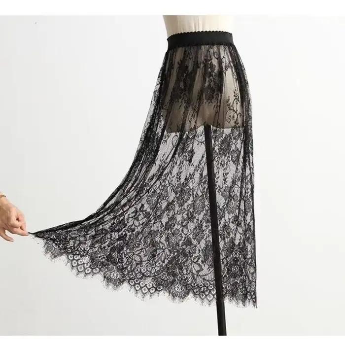 2 longueur élégante jupe noire dentelle blanche transparente longue