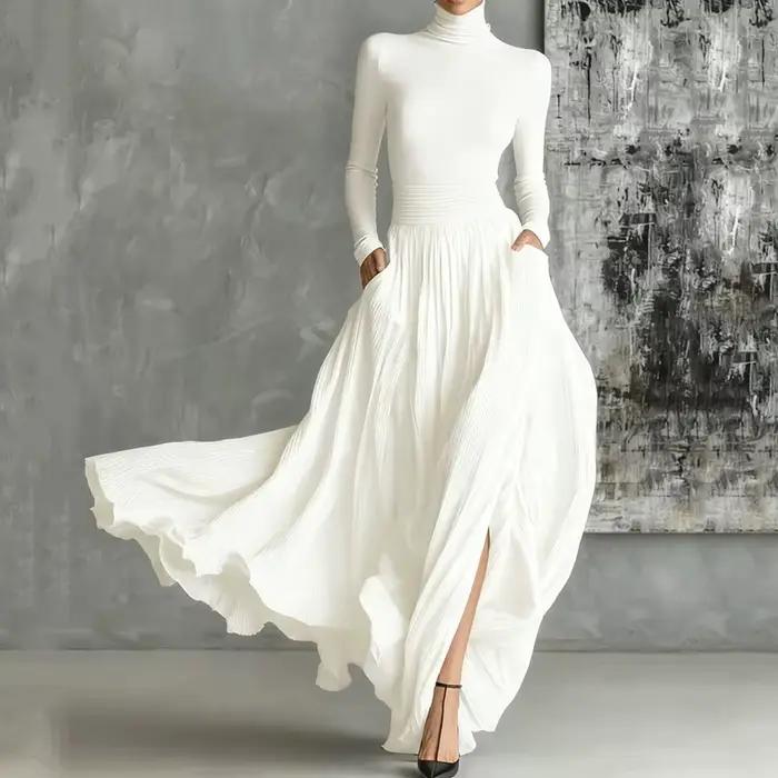 France élégant deux pièces jupe ensemble pour femmes poches solide minimaliste ourlet fendu plissé une ligne Vintage col roulé mince costumes