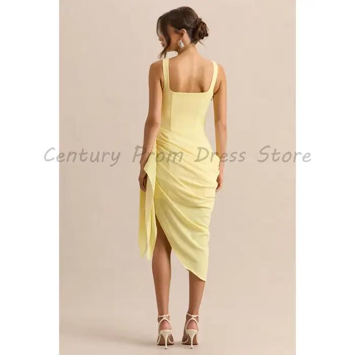 Robe de cocktail mi-longue jaune à fines bretelles, encolure florale 3D, côtés froncés, fente asymétrique à volants, pour invitée de mariage ou soirée
