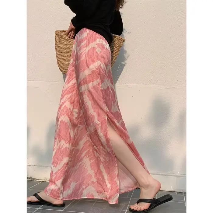 Jupe midi longue rose fendue pour femme, élégante et polyvalente