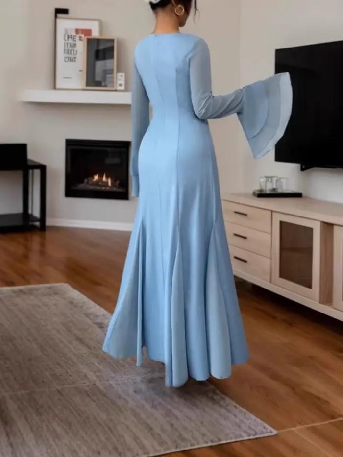 Robes de soirée bleues pour femmes, col carré, haute qualité, longueur ras du sol, traîne, coupe trapèze, manches longues, pour banquets et événements de prestige