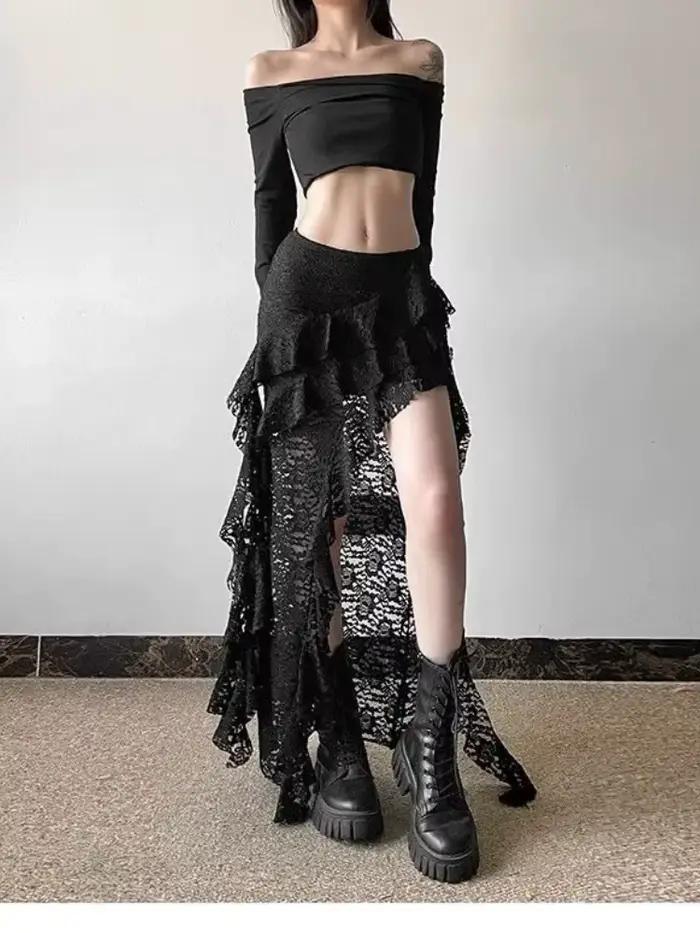 Jupe noire en dentelle Patchwork à volants pour femmes Y2k Grunge taille haute