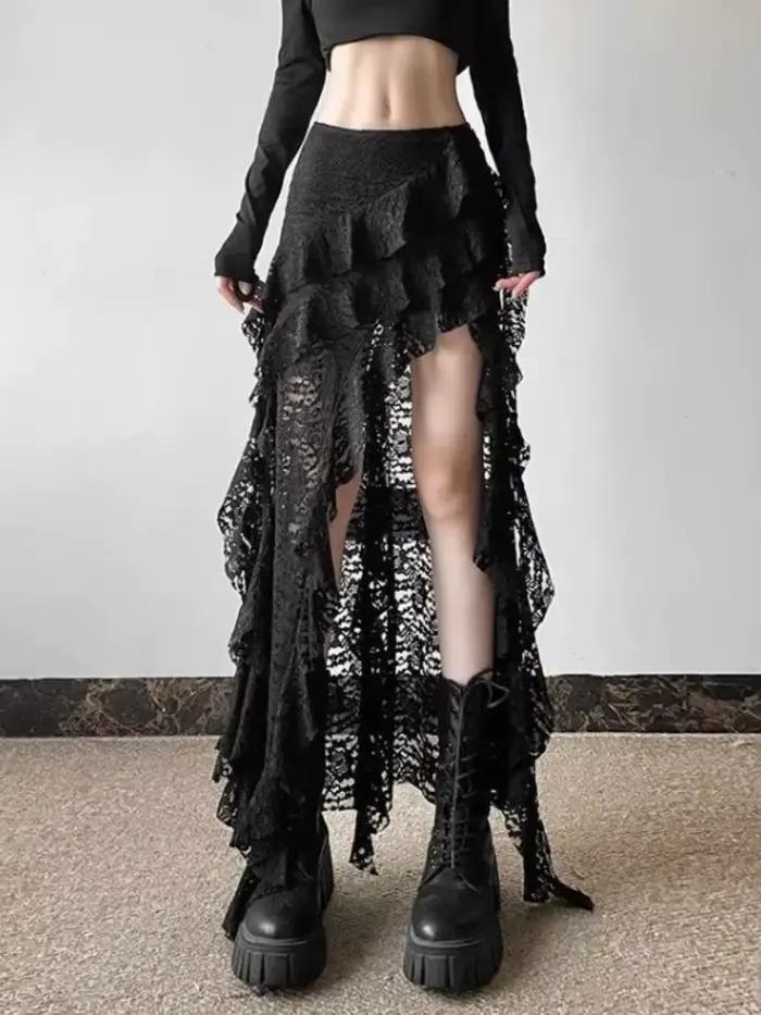 Jupe noire en dentelle Patchwork à volants pour femmes Y2k Grunge taille haute