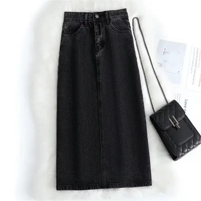 Femmes Denim jupe printemps une ligne été taille haute ample ourlet fendu bleu foncé Chic décontracté Streetwear Jean