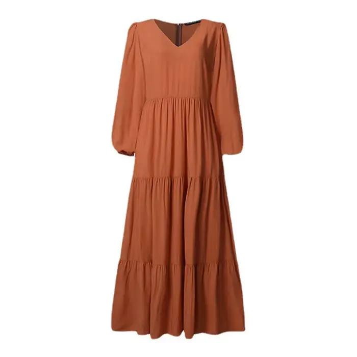 Robe midi élégante à manches longues style urbain pour femme, collection automne, en tissu polyester marron et noir, col rond, avec large ourlet