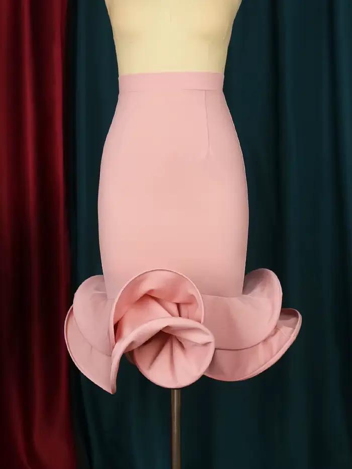Jupe trompent rose taille haute pour femme, jupe évasée sexy GT, gaine en queue de poisson, volants élégants, fête, événement, occasion, 2024