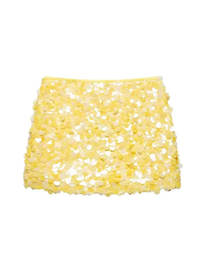Jupe élégante et sexy jaune paillettes pour femmes mini haute taille Saint Valentin soirée club occassions spéciales