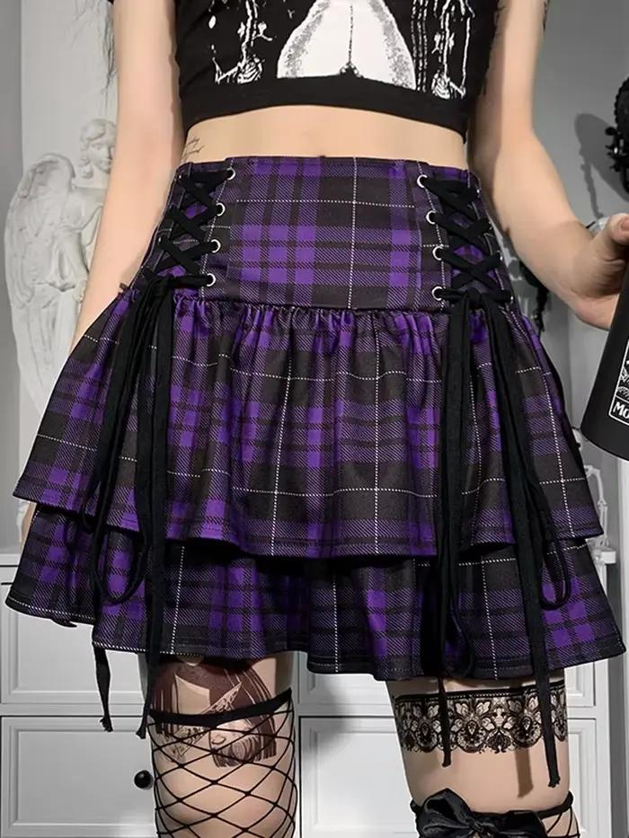 Jupe gothique à carreaux noirs pour femmes, jupes plissées, style gothique, mini jupe, hip hop, punk, clubwear, printemps automne
