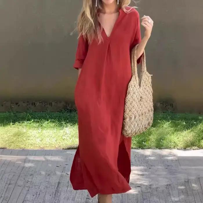 Robe longue en coton et lin à demi-manches pour femmes, robes à col en V profond, poches élégantes, à la mode, décontractées, éducatives