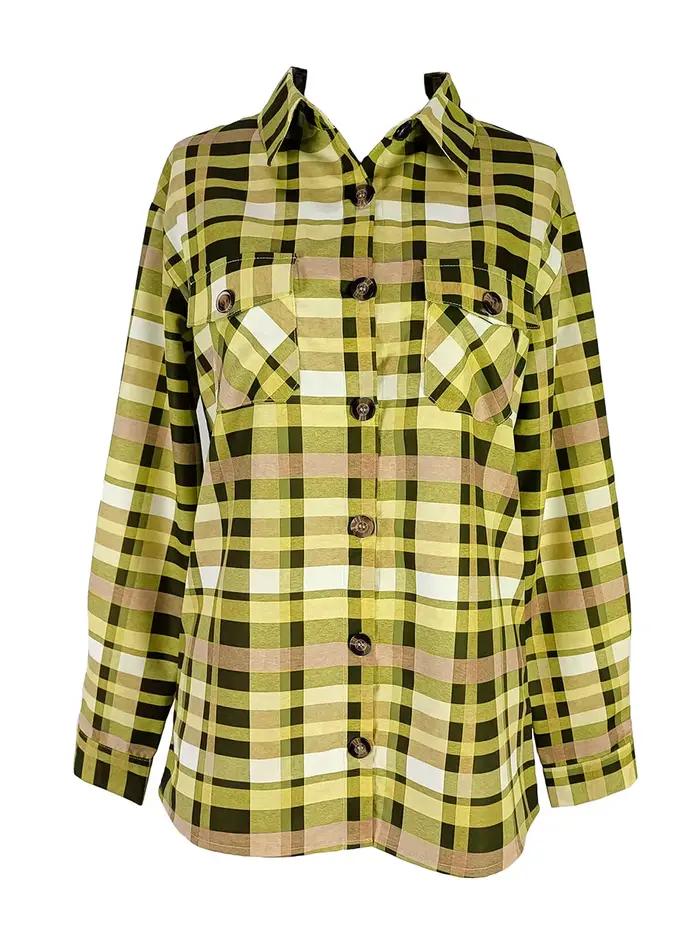 Chemisier à carreaux décontracté pour femme, manches longues, vert et jaune, coupe ample, boutonnage simple, style vintage chic, printemps automne, streetwear