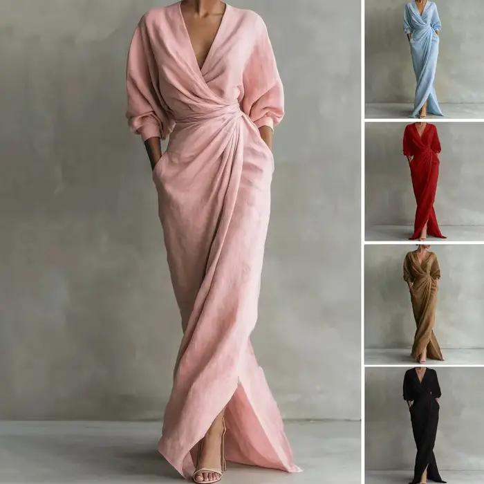 Robe longue moulante élégante pour femme, col en V, taille nouée, manches longues, fendue, couleur unie, style décontracté, collection Printemps 2026