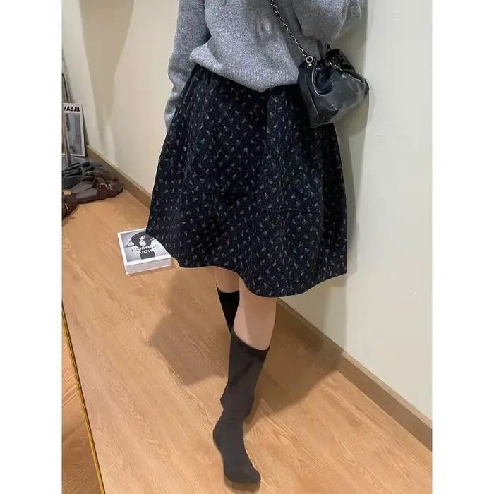 Mini-jupe en velours côtelé à fleurs pour femme, taille haute, coupe trapèze, à volants