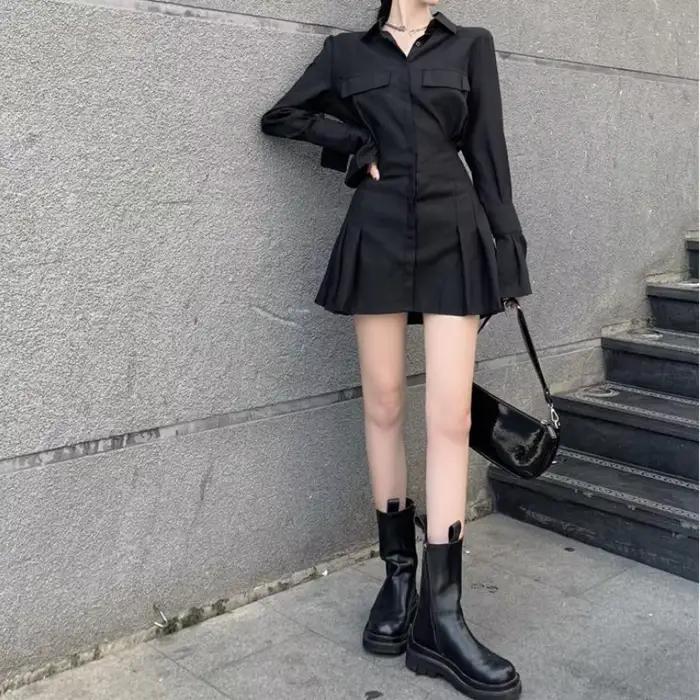 HOUZHOU Robe chemise noire femmes élégant Vintage robes à manches longues Sexy gothique plissé Streetwear col rabattu Robe décontractée