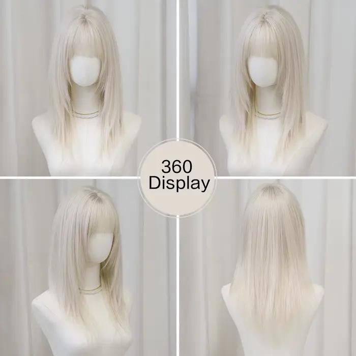 Perruque longue et droite blanche pour femme, synthétique haute qualité, résistante à la chaleur, style modeste, prête à porter, beige avec frange soignée
