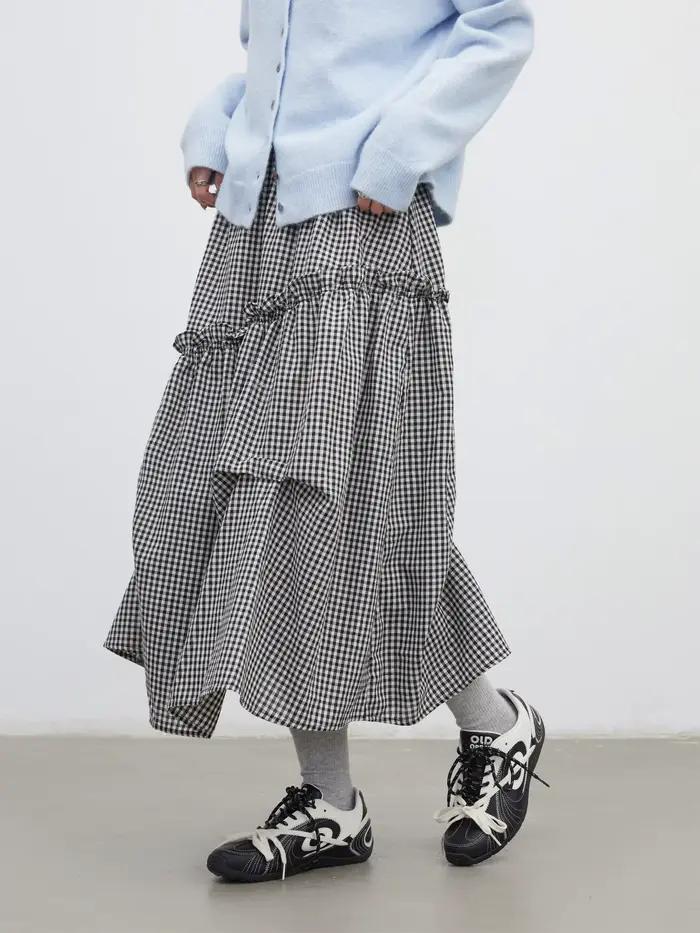 Jupe Femme Chic VEN Taille Haute Coupe Trapèze à Volants Motif Carreaux Noir et Blanc Printemps-Été 2026