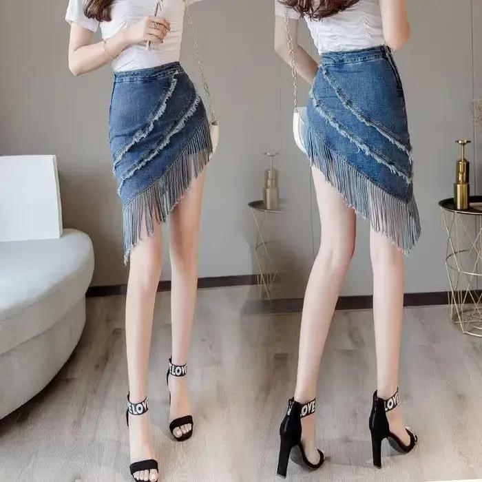 Frange Gyaru courte bleu Wrap femmes jupe en jean serré Coquette Mini Sexy femme