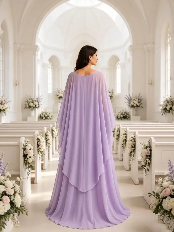 Robe de soirée longue en mousseline de soie lavande, col en V, avec cape, pour mère de la mariée ou du marié, robe de cérémonie pour invitées de mariage