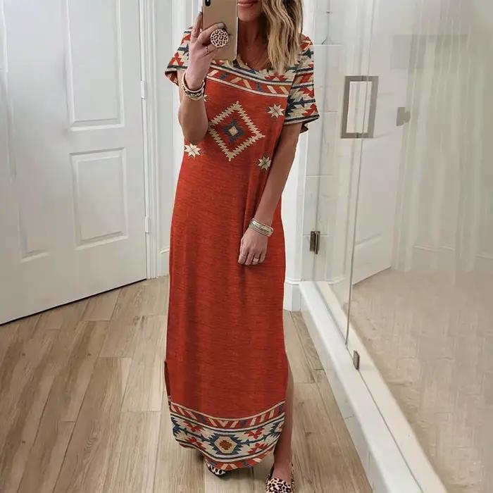 Robe longue tricotée à manches courtes pour femmes, imprimé géométrique, style ethnique décontracté, vacances