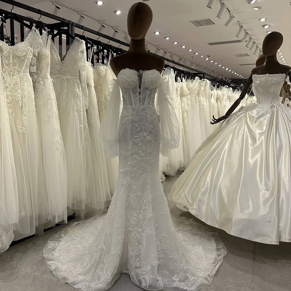 SL-9360 robe de mariée personnalisée 2020 longue sirène tulle boho 2 em 1 dentelle sequin satin manc
