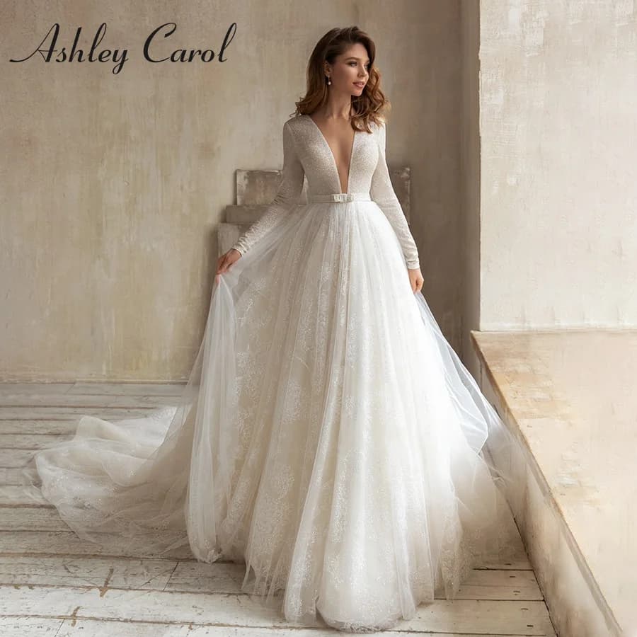 Ashley Carol-Robe de mariée en dentelle brillante à manches longues, robe de princesse A-Line, col e