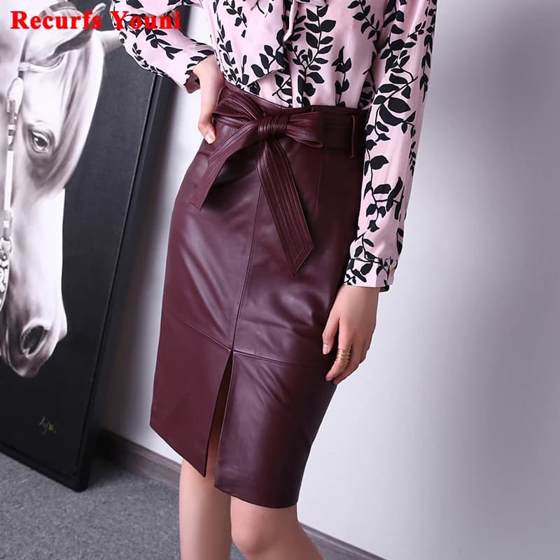 Jupe mi-longue en cuir véritable pour femme, ceinture à nœud papillon, taille client, rouge vin et v